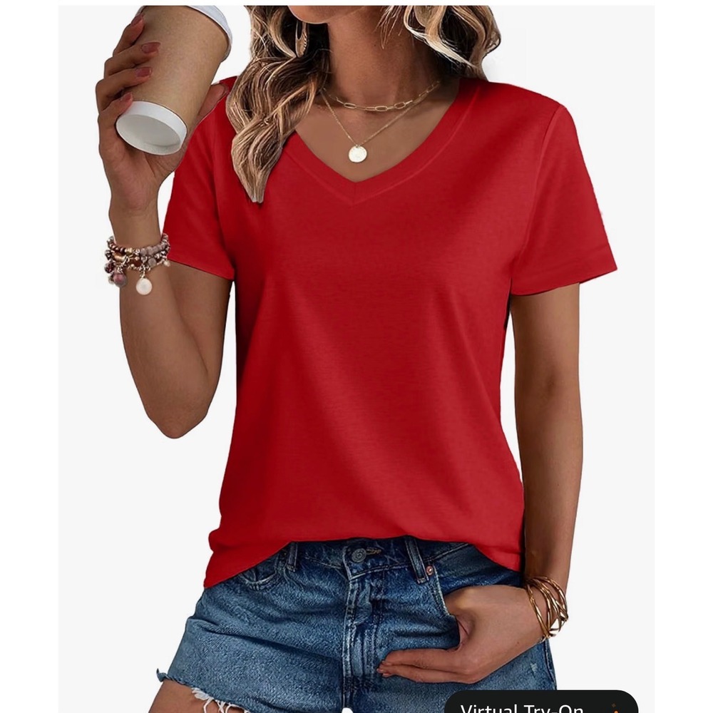 Aokosor Womens V Neck T Shirt Short Sleeve Casual Summer Top Red Medium